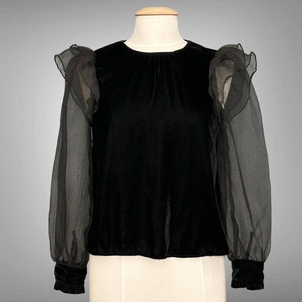 Zara Womens Top M Black Velvet Sheer Gauzy Dark Fairy Whimsigoth Romantic Goth